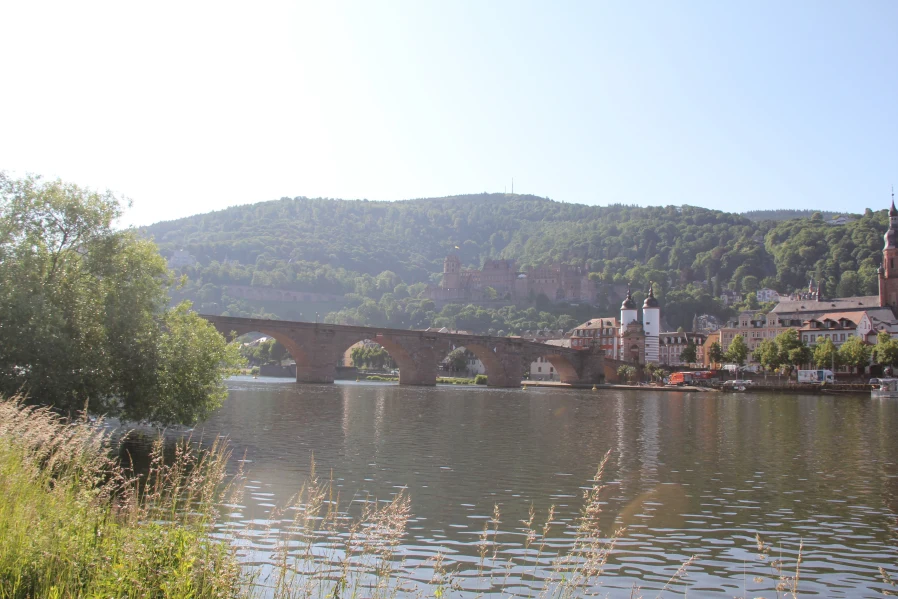 Foto vom Neckarufer auf die Heidelberger Altstadt, den Neckar und das Heidelberger Schloss nach einer Wanderung vom BS Boutique Hotel in Heidelberg.
