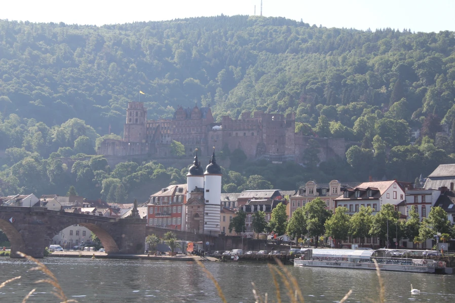 Blick vom Neckarufer auf das Heidelberger Schloss, die Alte Brücke sowie die Heidelberger Altstadt.